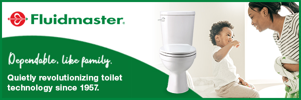 Fluidmaster banded hero image with a mother and her baby in the bathroom